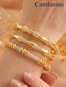 Camhanno 3/1pc Copper Material, Gold Inlaid Diamond Bracelet, Women's Light Luxury Bamboo Knot Twisted Pattern Design, High-End Feeling, Layered Bracelet - Gold - View 4