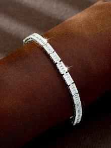 1pc Cool Korean Style | Trapezoid Zirconia Thin Chain Bracelet, Minimalist Pave Diamond Design, Low-Key Sparkling Texture | Afternoon Tea, Best Friend Gathering, Anniversary Gift - Silver - View 1