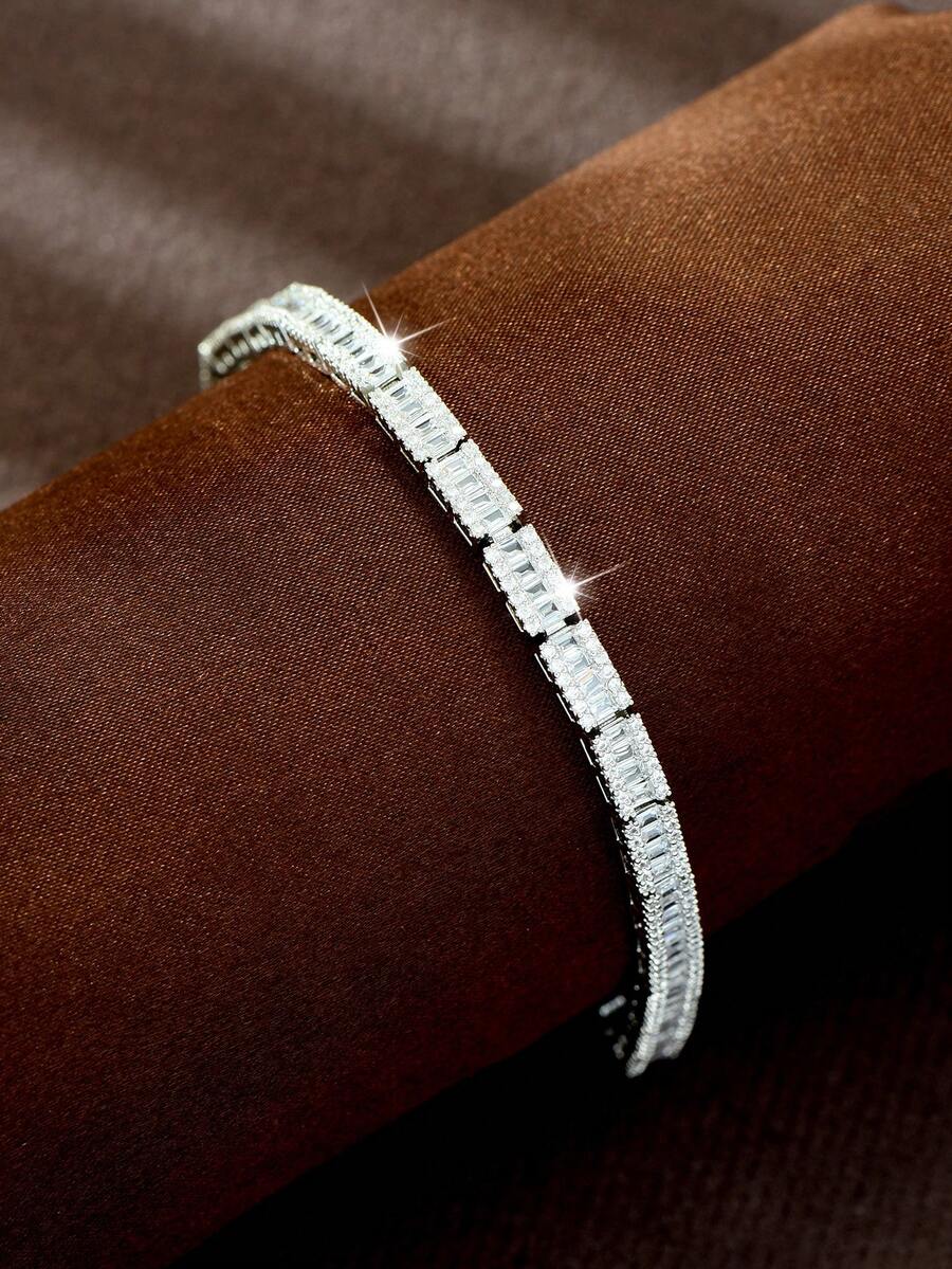 1pc Cool Korean Style | Trapezoid Zirconia Thin Chain Bracelet, Minimalist Pave Diamond Design, Low-Key Sparkling Texture | Afternoon Tea, Best Friend Gathering, Anniversary Gift - Silver - View 1