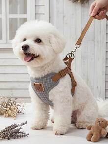 PETSIN Breathable And Comfortable Pet Leash Set With Fashionable Grey Plaid Fabric And Cute Teddy Bear Print, Designed For Small Teddy Dogs Outdoor Walks, Perfectly Matches Dog Collar - Grey - View 2