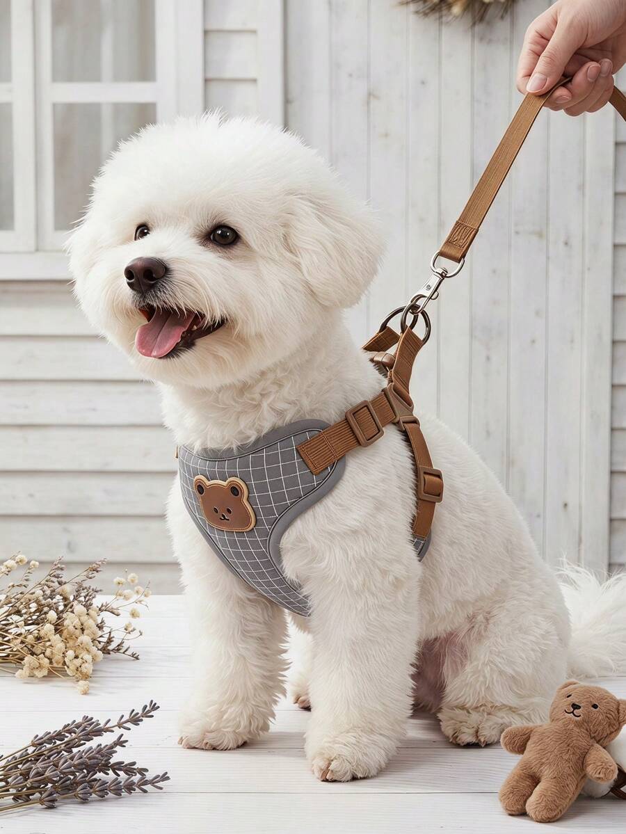 PETSIN Breathable And Comfortable Pet Leash Set With Fashionable Grey Plaid Fabric And Cute Teddy Bear Print, Designed For Small Teddy Dogs Outdoor Walks, Perfectly Matches Dog Collar