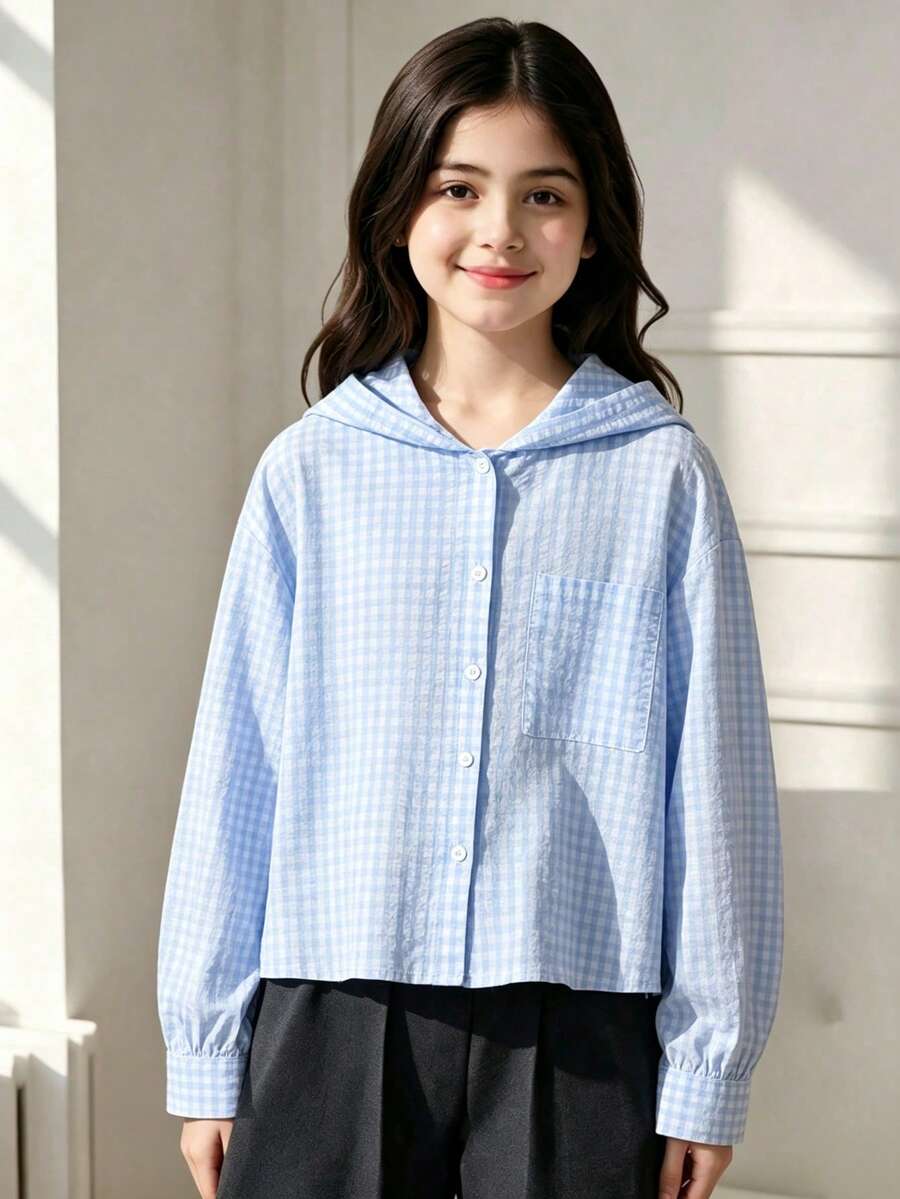 青少年女孩藍白格紋連帽長袖夾克,簡約休閒風,泡泡紋理梭織開襟衫,日常出遊穿搭 - 藍色 - 查看 1