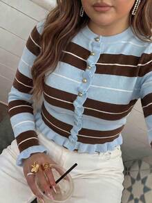 Plus Size Women Fall Winter Multicolor Striped Ruffle Trim Knit Cardigan , Casual Daily Long Sleeve Vacation For Women Fashion Top - Blue - View 5