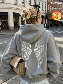 Women's Silver Wing Print Fleece Hoodie, Long Sleeve Pullover, Large Back Graphic Design, Soft And Comfortable, Y2K Style - Gray - View 2