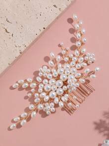 1pc Faux Pearl Beaded Minimalist Hair Comb, Suitable For Bride Wedding, Daily, Party And Festival, Elegant Hair Accessory For Women - Gold - View 2
