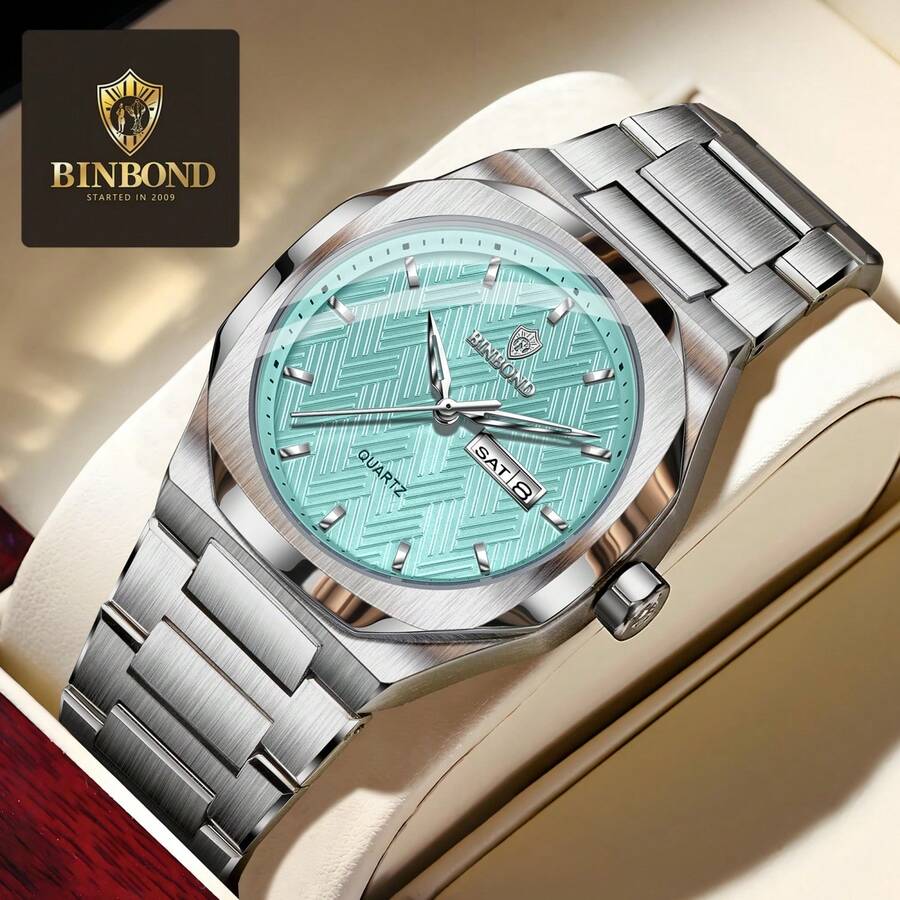 Fashionable Men's Luminous Waterproof Dual-Calendar Stainless Steel Quartz Watch, Luxurious Business Watch, Birthday, Halloween And Christmas Gift