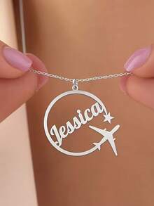 1pc Customized Vapor Trail Name Necklace, Personalized Minimalist Airplane Nameplate Necklace, Stainless Steel Globe Travel Necklace, Star Name Necklace, Traveler Memorial Necklace, Gift For Her, Women's Fashion Travel Jewelry - Multicolor - View 7