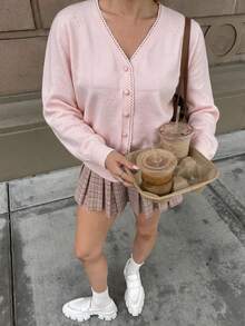 Áo cardigan len đan màu hồng cho mùa Thu/Đông, cổ chữ V, viền ren, áo len basic - Hồng - Xem 7