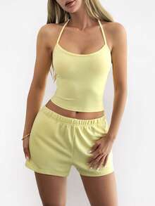Unadoll Women Fall Basic 2‑Piece Set, Spaghetti Strap Camisole & Drawstring Shorts For Back To School, Loungewear, Daily & Sports Outfits - Yellow - View 3