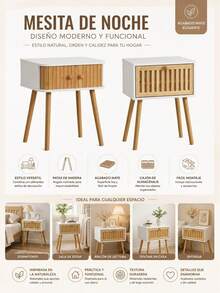Wooden Nightstand With Slatted Drawer And Solid Wood Legs, Modern Side Table 40 X 30 X 47 Cm For Bedroom And Living Room With Matte Finish - A - View 7