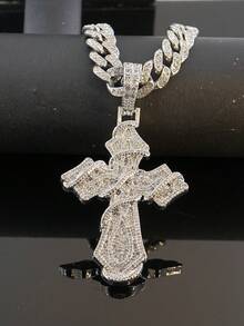 European & American Hip Hop Cross Pendant Cuban Chain Men's Necklace, Full Rhinestone Sparkling Personalized Street Style Rap Party Collarbone Chain Fashion Jewelry - Cross Pendant Necklace - View 4