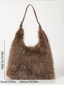 Women's Solid Color Faux Fur Hobo Shoulder Bag, Adjustable Strap, Large Capacity Tote Handbag, Casual Fashion, Autumn/Winter Daily Commute Style - Khaki - View 6