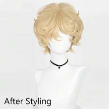 Synthetic Short Wavy Gold Men Wigs With Bangs Blonde Anime Game Cosplay Fluffy Heat Resistant Wig For Daily Party - Gold - View 3