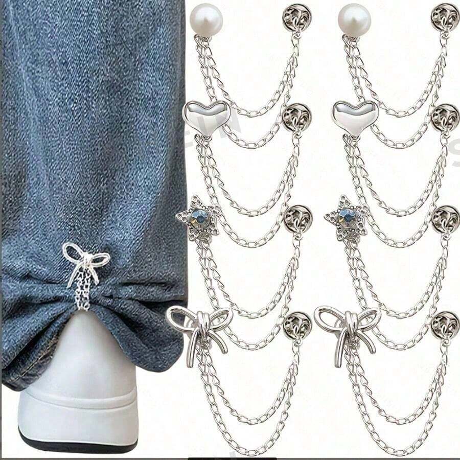 8pcs Multi-Functional Clothing Decorative Clips, Metal Star Heart Bow Shape, Suitable For Pant Leg Hemming, Sleeve Cuff Fixing, Universal Fit For Various Shirts And Pants. Creative Clothing Decorative Buckle Chain Clips, Help You Easily Create Personalized Outfits, Combining Practical Function Of Pant Leg Storage. - Multicolor - View 1