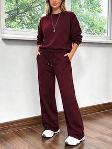 2件組 Falloutfits 女款運動套裝，時尚舒適拼色夾克與休閒長褲，適合秋冬穿著 - 酒紅色 - 查看 2