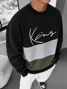 Men's Autumn/Winter Minimalist English Print Patchwork Loose Drop Shoulder Crew Neck Sweatshirt - Black - View 2