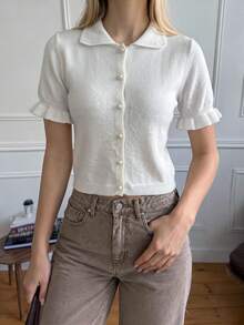 Women's Polo Collar Knit Top, Pearl Button Front Ruffle Trim Short Sleeve Cropped Knit Blouse, White - White - View 1