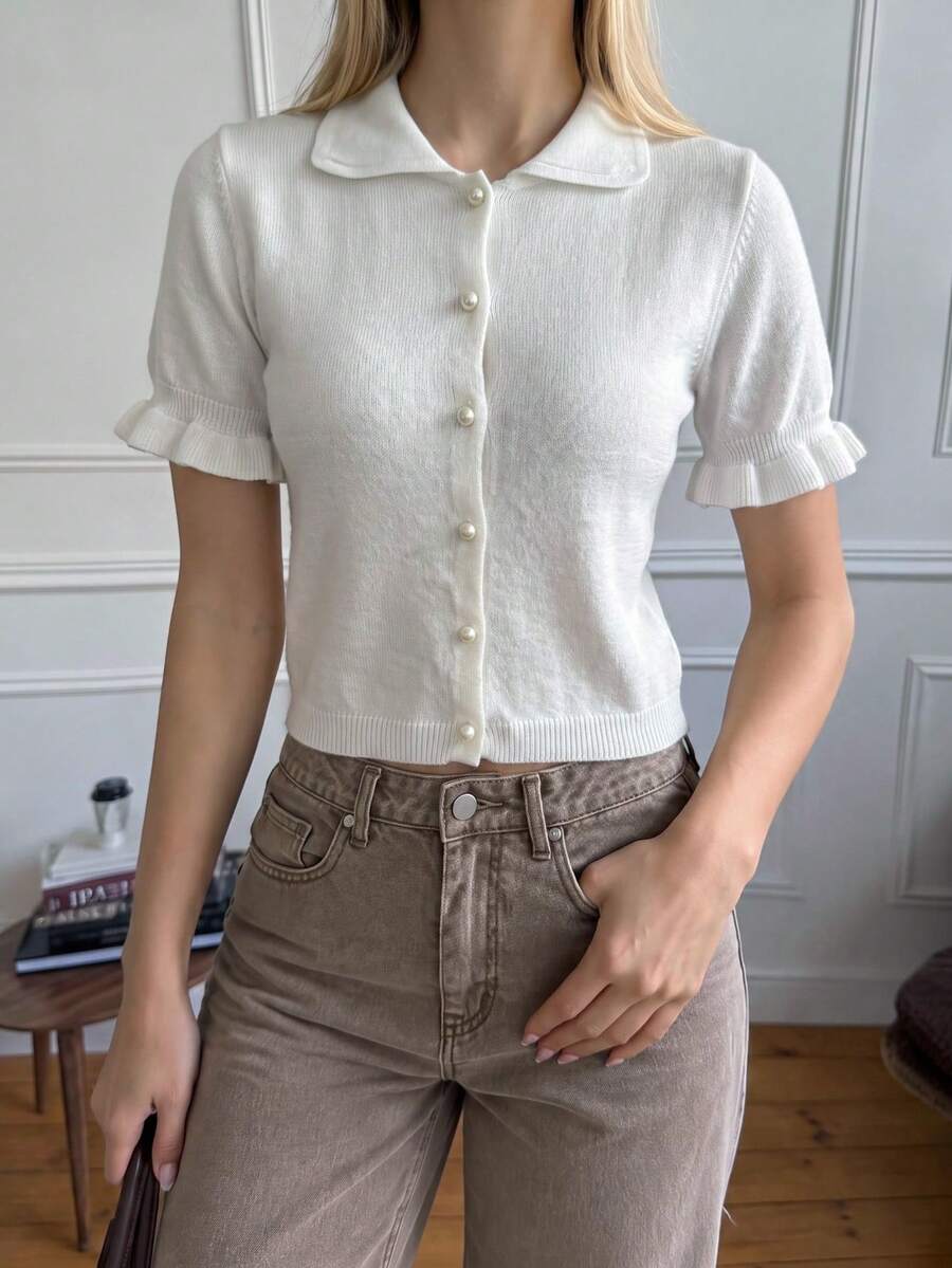 Women's Polo Collar Knit Top, Pearl Button Front Ruffle Trim Short Sleeve Cropped Knit Blouse, White - White - View 1