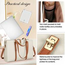 NEWHEY Fashionable Women's Tote Bag, Made Of High-Quality Scratch-Resistant And Waterproof PU Fabric, Three Compartment Design, Meets Different Needs, Achieves Maximum Capacity, 2 Internal Slip Pockets, 2 Elastic Side Pockets, 1 Zipper Pocket, 2 Pen Slots And 1 External Back Zipper Pocket - Beige - View 8