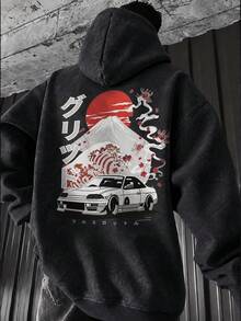 Men's Vintage Washed Japanese Street Racing Back Graphic Drawstring Hoodie - Black - View 3