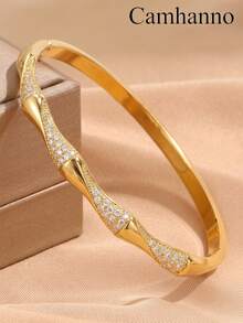 Camhanno 3/1pc Copper Material, Gold Inlaid Diamond Bracelet, Women's Light Luxury Bamboo Knot Twisted Pattern Design, High-End Feeling, Layered Bracelet - Gold - View 10