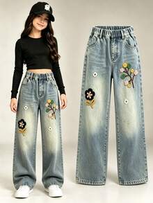 New Girls' Embroidered Straight Leg Denim Jeans, Fashion Casual Versatile Tween Girl' Jeans For Spring And Autumn - Medium Wash - View 4