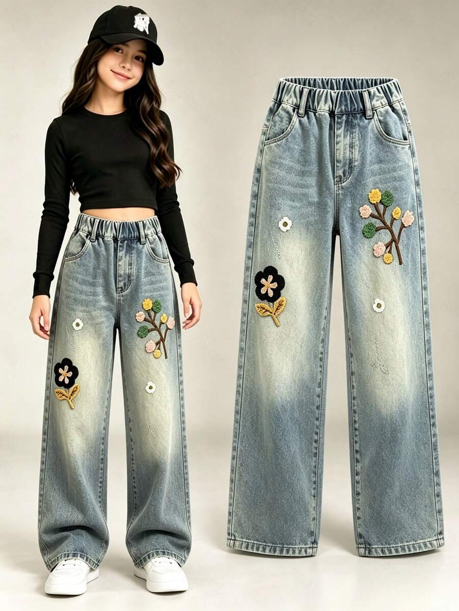 New Girls' Embroidered Straight Leg Denim Jeans, Fashion Casual Versatile Tween Girl' Jeans For Spring And Autumn