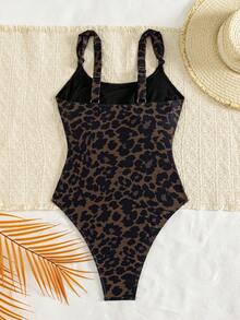 Women's Printed Thick Shoulder Strap Round Neck One-Piece Swimsuit - Multicolor - View 3