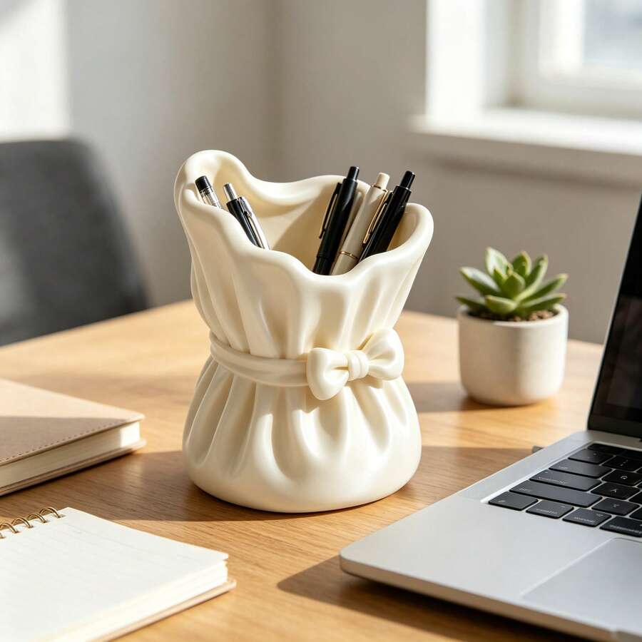 Cream White Pleated Drawstring Makeup Brush Storage Canister, Cosmetic Brush Holder, Vanity Desktop Organizer, French Gentle Sweet Style, Gift For Sister, Girlfriend, Valentine's Day, Home Decor, Desktop Aesthetic Storage Organizer, Recommended Hot-Selling Exquisite Practical Model - View 1