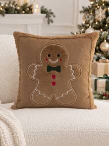 1pc Christmas Brown Gingerbread Man Embroidered Pillowcase, Suitable For Indoor Decoration, Christmas Decor, All-Season Pillowcase, Without Insert - Brown - View 2