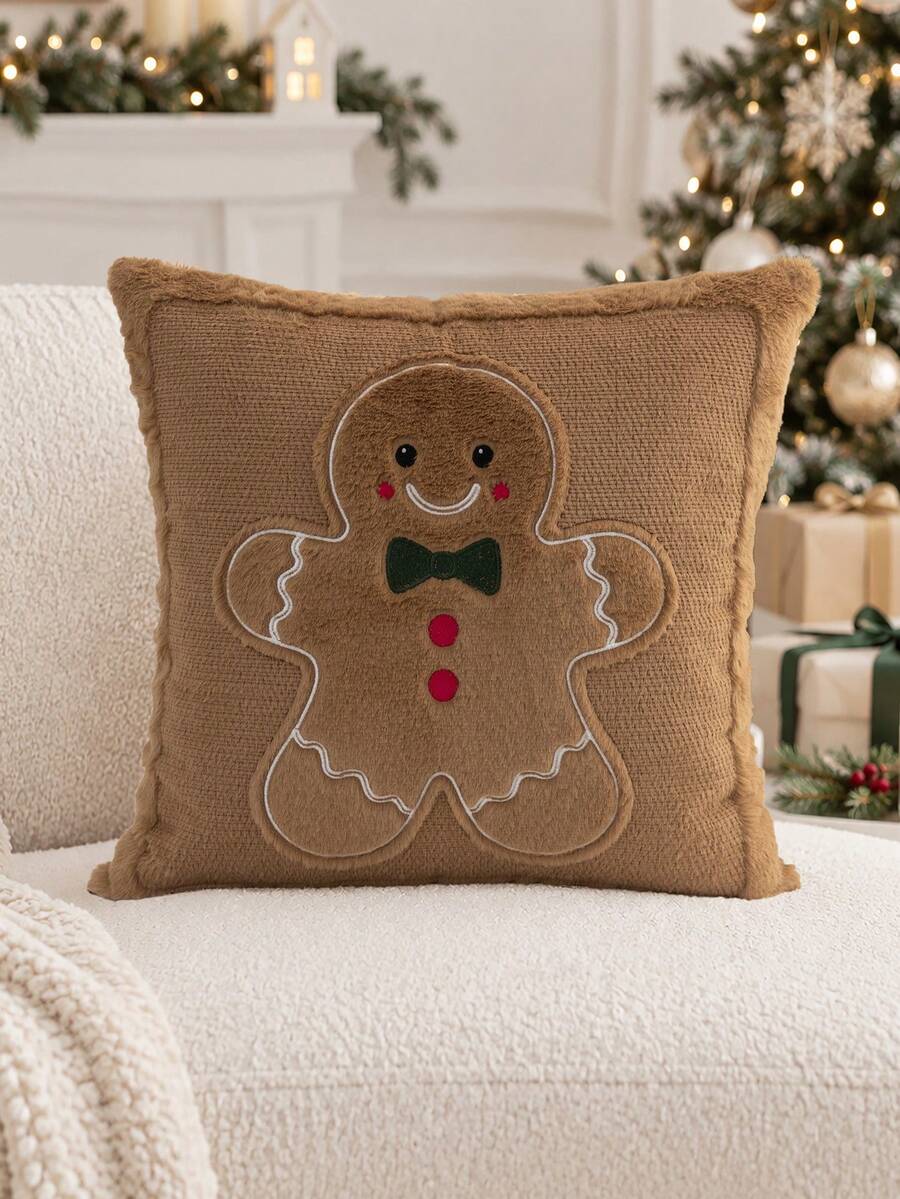1pc Christmas Brown Gingerbread Man Embroidered Pillowcase, Suitable For Indoor Decoration, Christmas Decor, All-Season Pillowcase, Without Insert