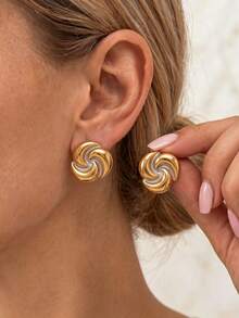 VceTd 1 Pair Fashionable Elegant Business Style Stainless Steel Stud Earrings With Gold-Tone Swirl Pattern Design, Suitable For Women's Daily Wear Or Commuting - Yellow Gold - View 1