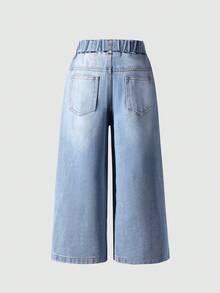 Young Girl Elastic Waist Pocket Loose Straight Leg Denim Jeans - Blue - View 3