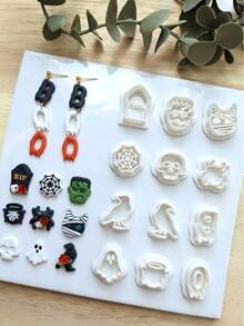 Halloween Themed Polymer Clay Cutters, 12Pcs Gothic Mold, Ghost Skull Spider Web Tombstone Cutter For Handmade Earring Jewelry DIY Craft - White - View 3