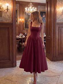 Dirp Noir Women's Autumn Elegant Plaid Square Neck Wide Strap Ruched Midi Dress, National Day, Graduation, Back To School, Party - Burgundy - View 4