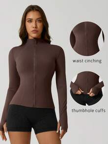 1pc Women's Fishbone Line Black Sports Jacket, Elastic Fitted Yoga Coat - Coffee Brown - View 9