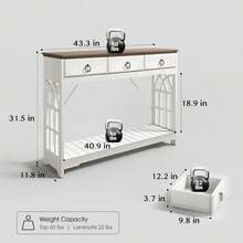 Mesa de consola de 43 pulgadas con 3 cajones, mesa de entrada de granja con estante inferior y patas de madera maciza, diseño estrecho rústico de estilo clásico, base blanca y superficie de madera natural, para entrada, pasillo, sala de estar y mesa de sofá - Blanco - Ver 8