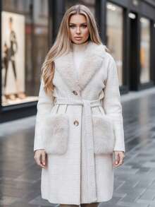 Women's Knee-Length Coat With Faux Fur Collar, Belted Waist, Button Front And Fur-Trim Pockets - Beige - View 3