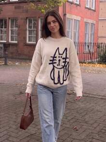 Women's Cute Plush Knit Pullover Sweater, Long Sleeve Regular Fit, Ribbed Knit Detail, Soft Fashion Long Top - Apricot - View 3