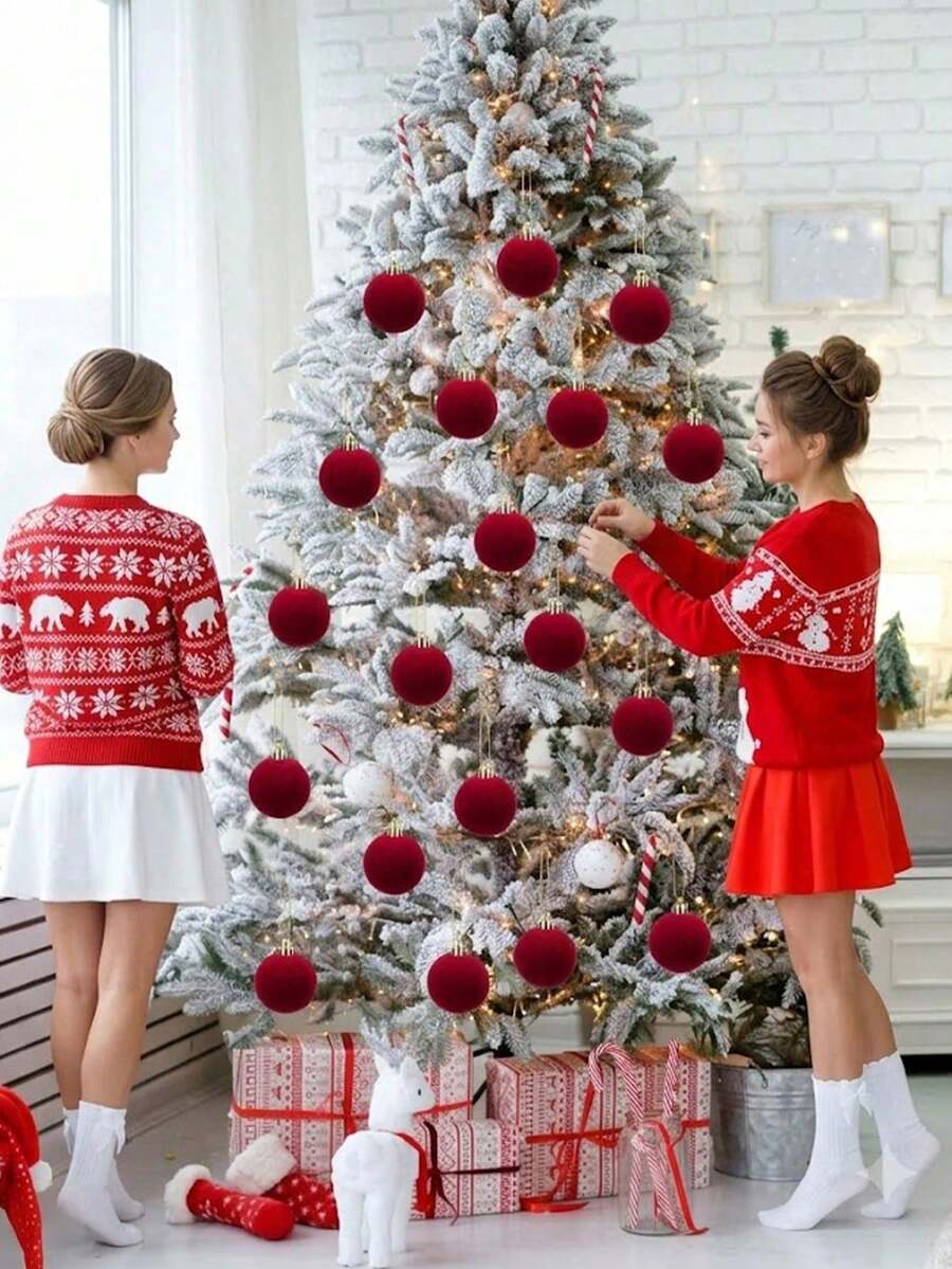 Premium Dark Red Flocked/Velvet Christmas Baubles (10cm) – High-End Velvet Ornaments For Christmas Trees. - Multicolor - View 1
