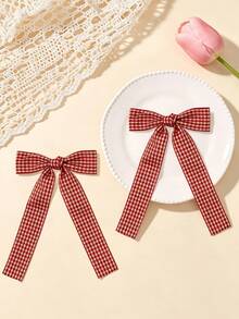 4pcs/Set Women's Solid Color Satin With Striped Plaid Ribbon Bow Hair Clips, Minimalist Style, Suitable For Daily Wear And Outings - Multicolor - View 5