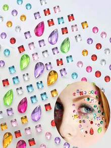451pcs Rainbow 3D Glitter Gem Stickers, 2pcs Acrylic Glitter Heart Stickers, Self-Adhesive Rhinestone Teardrop Design, Suitable For Makeup And Clothing, Multi-Color Diamond Face Gems, Perfect For Festivals, Parties And Events - Multicolor - View 3