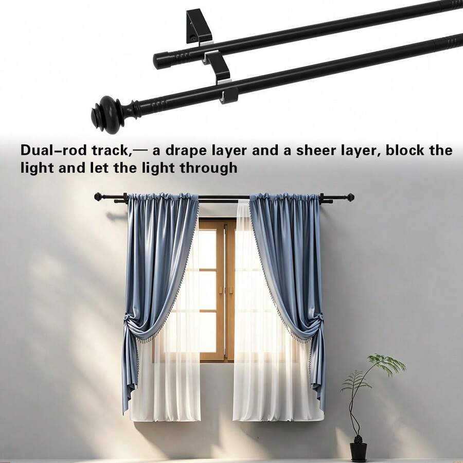 1pc 5/8" Metal Double Layer Curtain Rod/Roman Rod, Wall Mount Installation, Suitable For Bedroom Living Room Large Windows Double Rod Curtain Rod, Fits 1m, 2m, 3 Meters Windows, Adjustable Length Black Curtain Rod Track Set, Nordic Classic Style - Black 1 Set - View 1