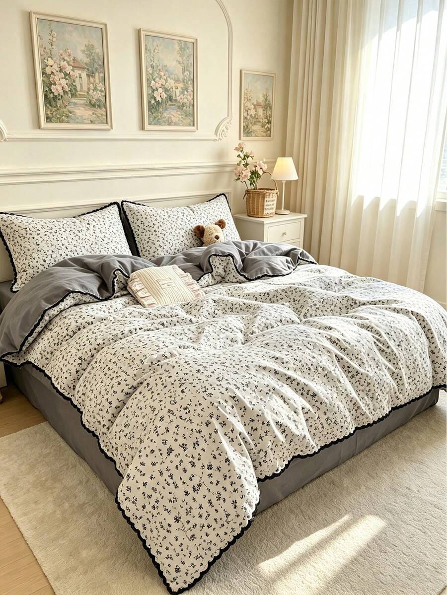 Shell Triangle Lace Design 4-Piece Duvet Cover Set, Soft And Comfortable Bedroom Bedding, Lace Design With Cute Floral Pattern, Breathable And Soft All-Season Bedding Set, Includes 1 Duvet Cover, 1 Bed Sheet, 2 Pillowcases, No Filling, Suitable For Bedroom, Dorm, Home Use, Multiple Size Options - White - View 1