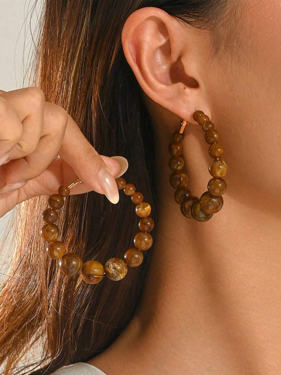 1 Pair Personalized Large Hoop Earrings With 4-Color Gradient Acrylic Beads, Bohemian Style For Women, Suitable For Summer Beach Party And Daily Wear, Aesthetic Jewelry Gift For Her