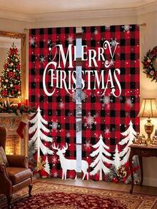 2pcs/Set Christmas Decoration, Elegant Red & Black Plaid Christmas Tree & Reindeer Print Semi-Sheer Curtains, Christmas Curtains, Christmas Door Curtains, Bedroom & Living Room Holiday Decor Curtains, Home Decor, 2026 Merry Christmas Decoration, Christmas Decoration, Winter Decoration, Christmas Gift, Christmas Decor, 2027 Happy New Year Decoration - Christmas Red Plaid Reindeer - View 3