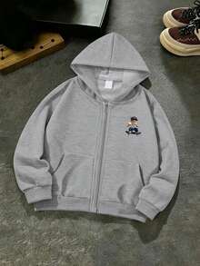 1pc Boys Hooded Jacket, Bear Skateboard Print, Fashionable Cartoon Playful Style, Autumn/Winter Big Kids Boys Top - Grey - View 2