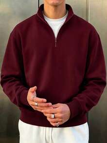 Sweatshirt Pullover Pria Model Terbaru Musim Gugur/Dingin, Gaya Jalanan Kasual, Bermotif, dengan Kerah Resleting dan Motif Cetak. - Burgundy - View 1