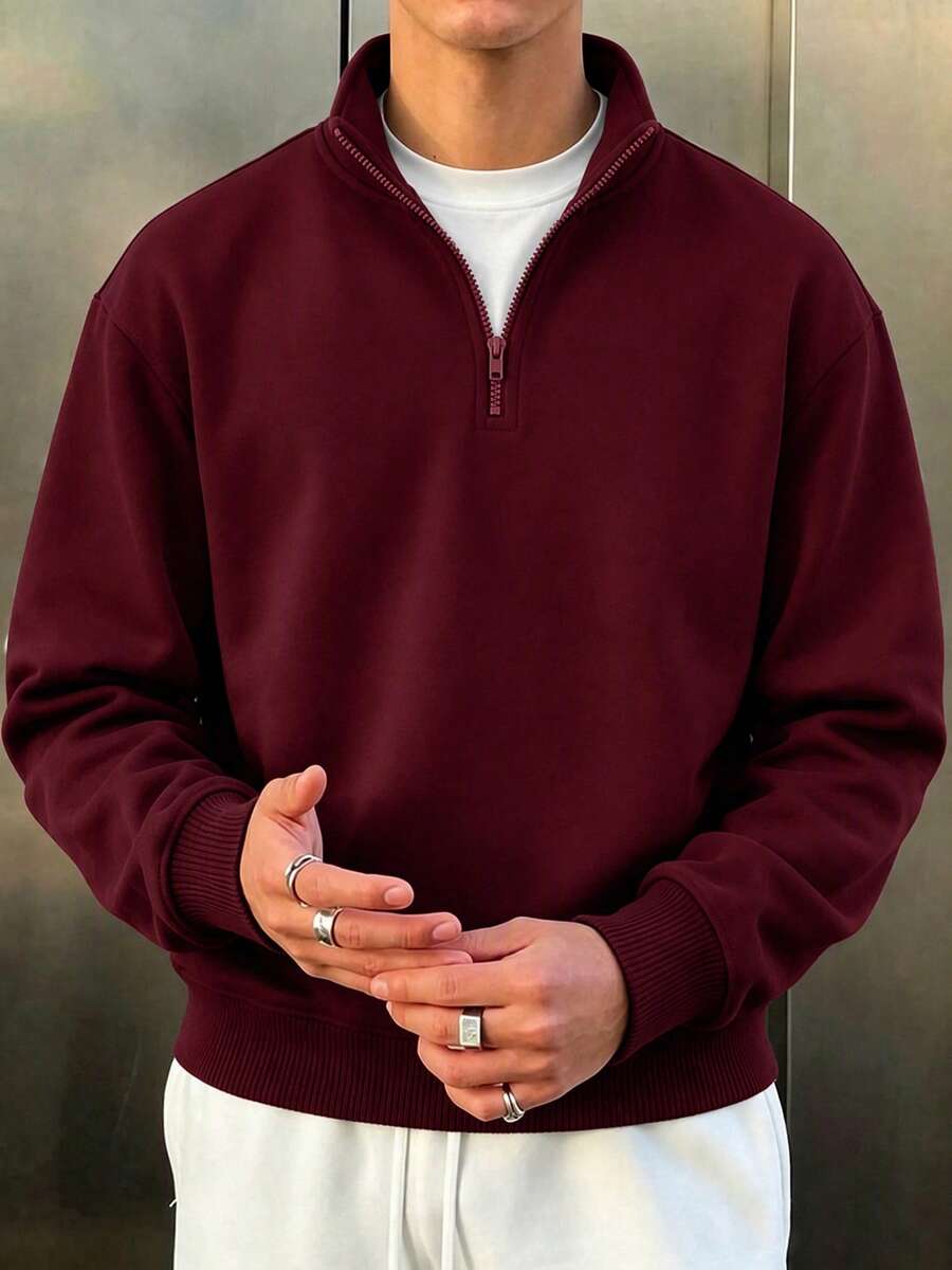 Sweatshirt Pullover Pria Model Terbaru Musim Gugur/Dingin, Gaya Jalanan Kasual, Bermotif, dengan Kerah Resleting dan Motif Cetak. - Burgundy - View 1