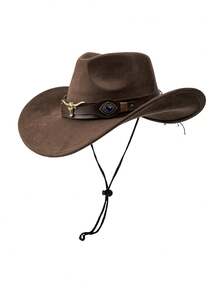 1pc Vintage Women's Western Cowboy Hat, Shiny Rhinestone, Faux Leather Hat Band With Metal Decoration, Anti-Suede, Windproof Rope Design, Animal Pattern, Winter, Holiday Party, Vacation Wear - A - View 9